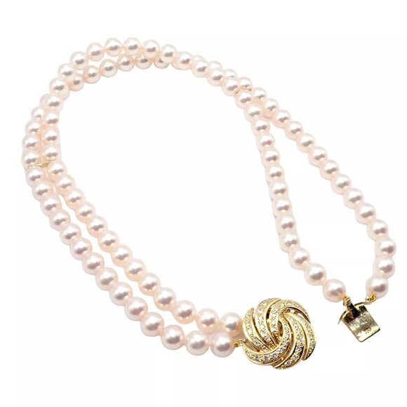 Authentic! Mikimoto 18k Yellow Gold Diamond Double Strand 8mm Pearl Necklace - Picture 15 of 16